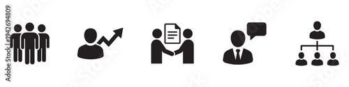 Business and human resources icon set. Flat black icons of teamwork, career growth, contract handshake, public speaking and corporate hierarchy.