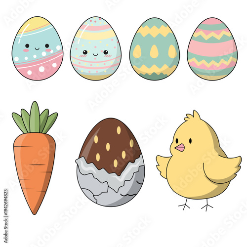 Cute easter clipart collection featuring decorated easter eggs, baby chick, carrot, and chocolate egg. Adorable spring holiday illustration set in soft pastel colors and simple flat cartoon style. Per