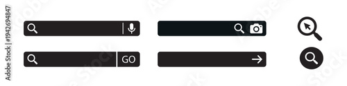 Search bar and web interface icon set. Minimalist black search boxes with microphone, camera, go button and arrow icons for website navigation.