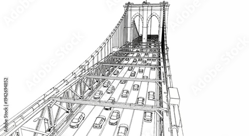 A sketch of a large suspension bridge with cars driving on its roadway