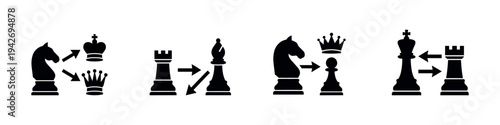 Chess tactics and strategy icon set. Flat black icons of chess pieces showing knight fork, castling, and exchange moves with arrows.