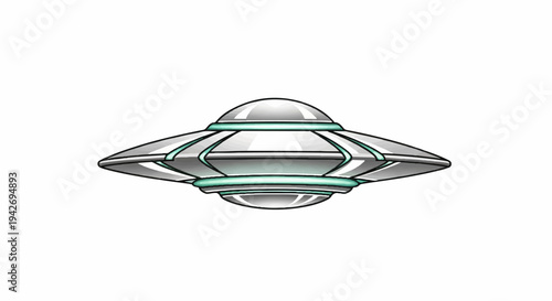 A silver flying saucer with glowing teal accents hovers against a white background