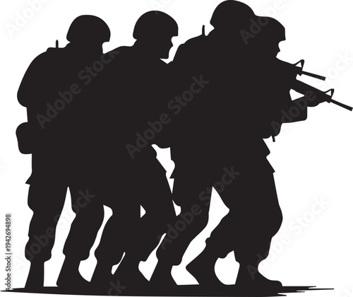 Special forces team in action vector silhouette illustration with assault rifles gear set