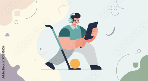 A man with headphones and glasses holds a tablet while playing a sport