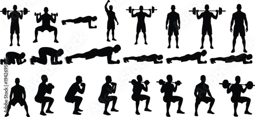 Fitness workout silhouettes set, people doing push ups squats weightlifting exercises, strength training gym routine vector illustration collection