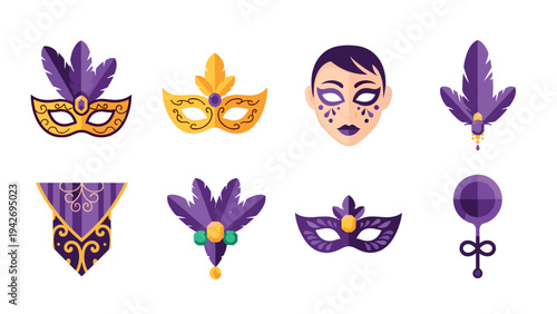 Festive carnival masks and accessories with purple and gold feathers