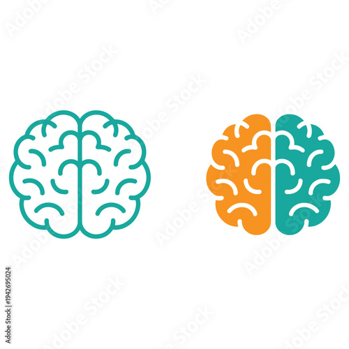 Illustration of two stylized brain hemispheres with a split color scheme