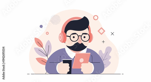A man with headphones, glasses, and mustache enjoys tablet and drink