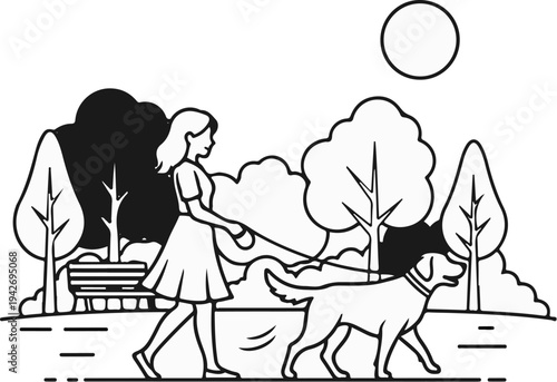 A person walks a dog through a park on a sunny day