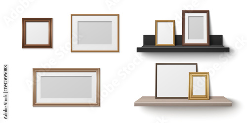 Realistic wooden shelf with empty frames mockup, vector illustrations. Product display elements, home white wall decor or retail exhibition with blank picture borders. 3D furniture with wood texture