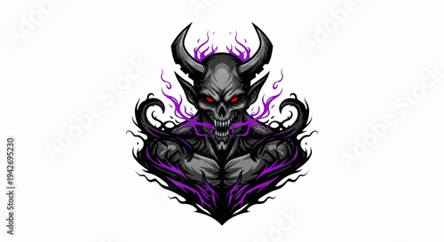 A menacing demonic figure with red eyes, sharp teeth, and purple flames