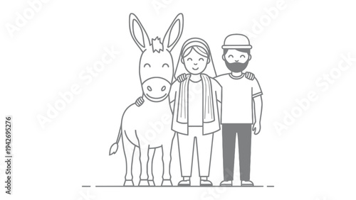 Family Togetherness with Donkey Illustration: A heartwarming illustration depicts a family unit composed of a woman, a man, and a donkey. Each figure is full of kindness and love.