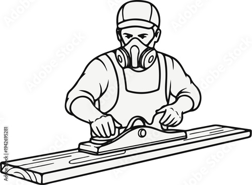 A person wearing a mask and overalls works with a woodworking plane