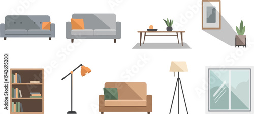 A collection of furniture and decorative items for a room
