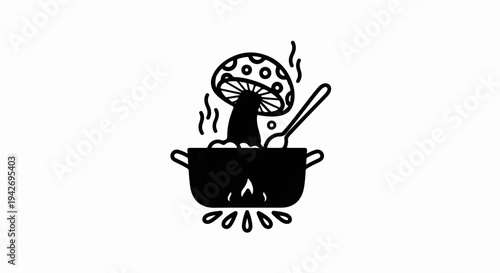 A black and white drawing of a mushroom being stirred in a cooking pot