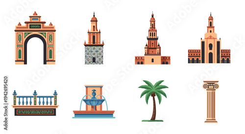 Colorful spanish architecture and elements: arches, towers, palm, columns