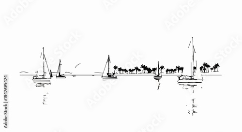 A minimalist black and white sketch of sailboats on calm water near palm trees