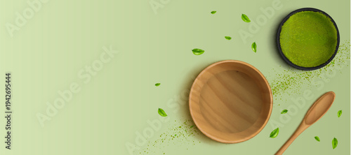Green matcha tea, vector background with powder splash, realistic texture and leaf elements. Asian cuisine poster with wooden spoon, menu and traditional Japanese beverage illustration