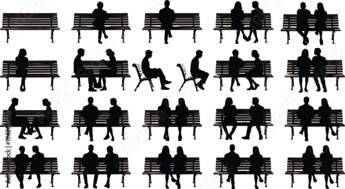 Black, silhouettes, of, people, sitting, on, park, benches, in, various, groups, and, pairs, isolated, on, white, background, urban, lifestyle, vector.
