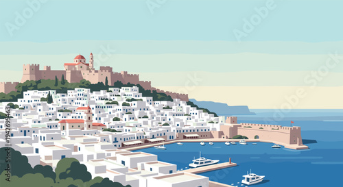 Scenic mediterranean coastal town with historic castle and sea view in flat design
