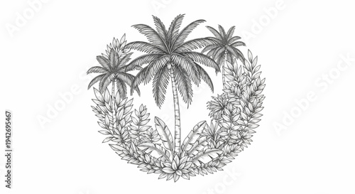 A circular, detailed pencil sketch of tropical palm trees and lush foliage