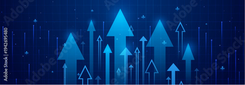 Upward arrows on blue grid background. Vector realistic illustration of 3D neon growth and profit plus signs on chart pattern, corporate development trajectory, stock market rise, financial trends