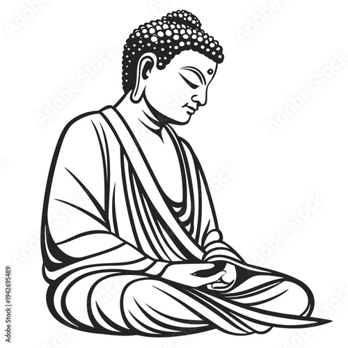 A calm, seated Buddha in meditation. The figure has closed eyes, a peaceful expression, and wears flowing robes, with hands resting gently in the lap in a traditional meditation pose.