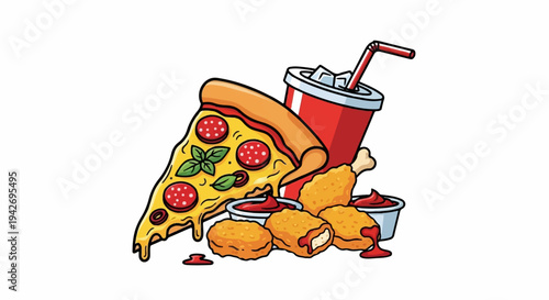 A slice of pizza, fried chicken, nuggets, and a drink with straw