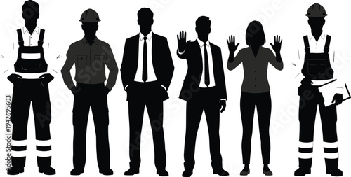 Black, silhouettes, of, diverse, professionals, including, construction, workers, engineers, and, business, people, in, suits, isolated, on, white, background, teamwork, career.