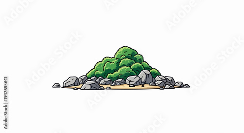 A small, grassy mound sits atop a rocky shoreline with sandy patches