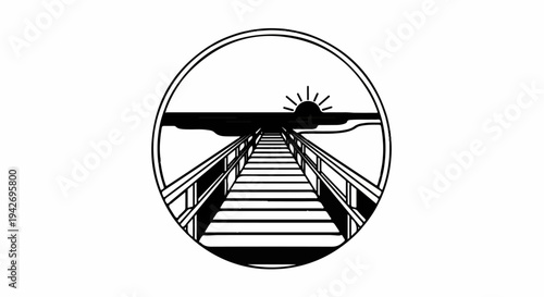 A circular graphic depicts a boardwalk leading to a sunlit ocean horizon