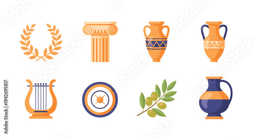 Ancient greek symbols: vases, lyre, column, olive branch, and laurel wreath in flat style