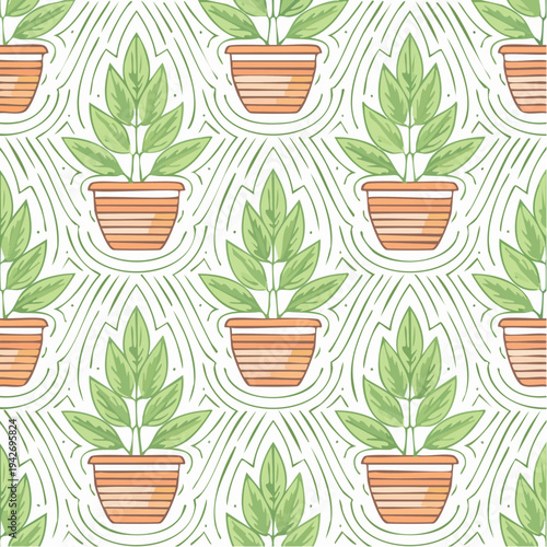 Line art houseplant mascot in mid-century pot, repeating pattern tile variant