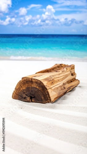 Driftwood on white sand beach with clear turquoise ocean & blue sky