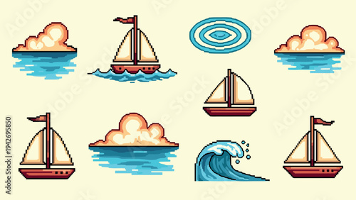 Retro pixel art nautical elements with boats, waves, and clouds in vintage style