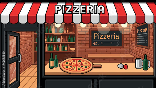 Pixel art pizzeria with pizza and bottle under a red awning