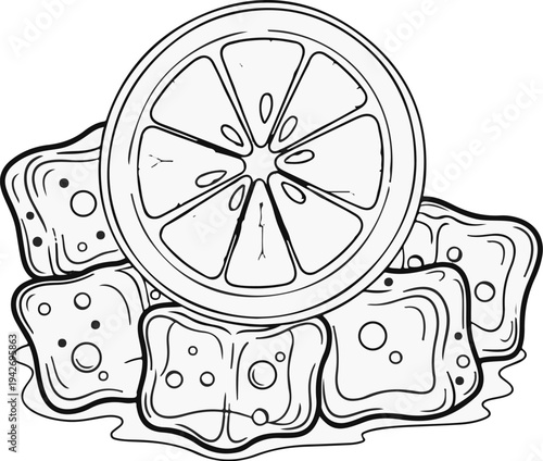 A citrus slice rests atop melting cubes of ice in a refreshing presentation