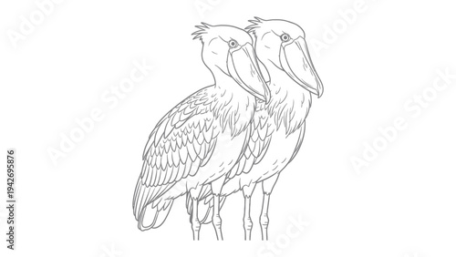 Shoebill Stork Portrait: A striking illustration of two shoebill storks, showcasing their distinctive large, shoe-shaped beaks and feathered bodies, captured in a detailed line drawing.