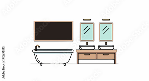 A minimalist line art illustration of a modern bathroom with a tub and dual sinks
