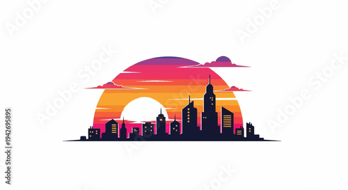 A city skyline silhouette against a vibrant sunset with clouds