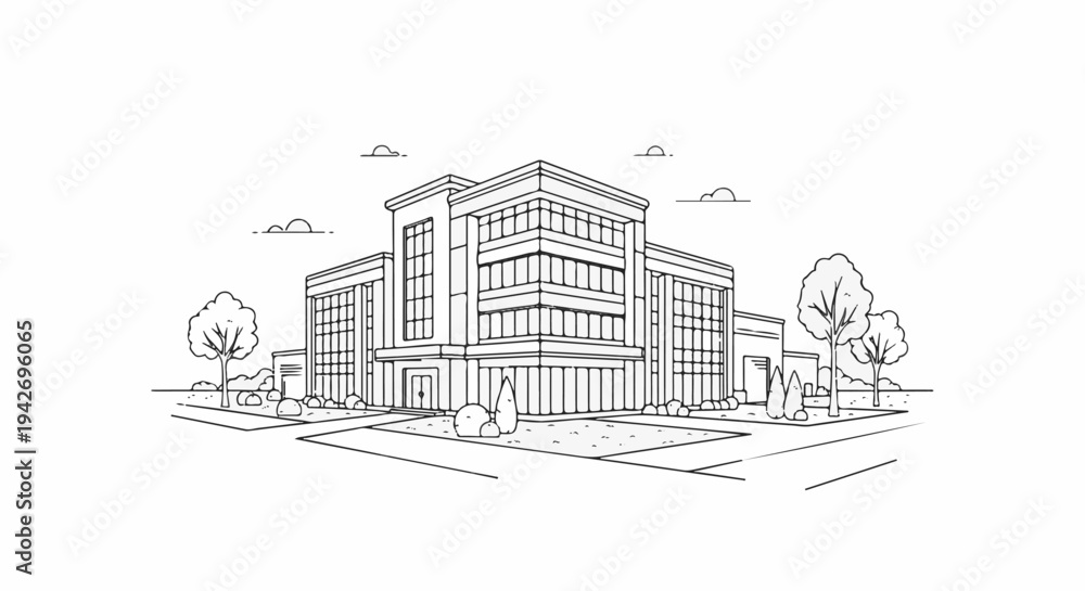 Fototapeta premium A clean line-art illustration of a modern, multi-story building with trees and sky