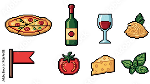 Retro pixel art icons: pizza, wine, cheese, tomato, and more
