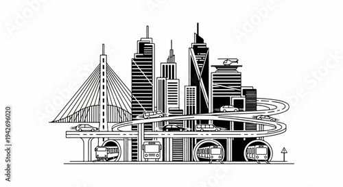 A black and white illustration of a city skyline with transportation infrastructure