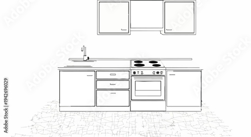 A minimalist line drawing of a modern kitchen counter with cabinets and appliances