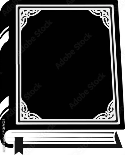 A black and white illustration of a closed book with a decorative border