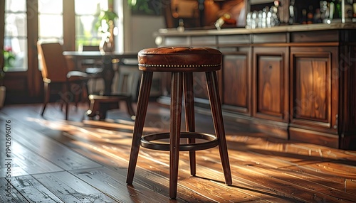 Rustic wooden stool in sunlit kitchen, focus on leather seat and wood grain