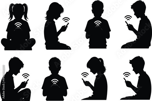 Black, silhouettes, of, children, using, smartphones, with, wifi, icons, on, white, background, digital, technology, addiction, social, media, networking, communication, vector.