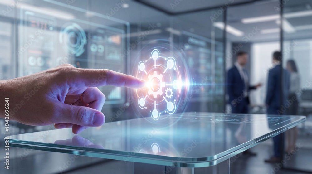 Fototapeta premium A hand activating a glowing innovation strategy icon above a transparent table in a modern office environment with blurred professionals in the