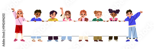 Happy kids hold empty advertising banner. Child group demonstrates blank promotion. Children are greeting, waving hands and presenting mockup together. Flat isolated vector illustration on white