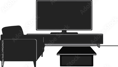 A modern entertainment setup with a sectional sofa, TV stand, and coffee table